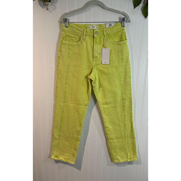 MNG Denim Straight Cropped High Waist Jeans Women Size 36 Bright Lime Green - Picture 1 of 16